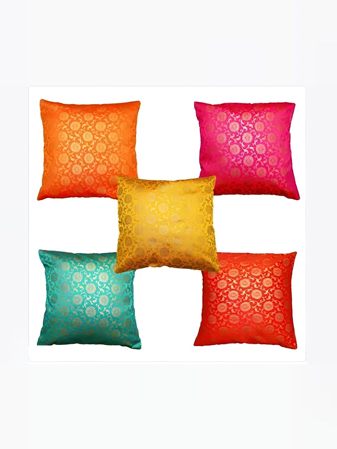 

Pink Parrot Green & Yellow Set of 5 Ethnic Motifs Square Cushion Covers