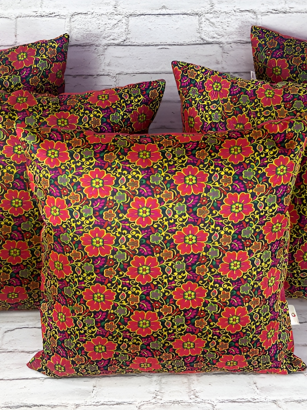 

Pink Parrot Pink & Navy Blue Set of 5 Ethnic Motifs Square Cushion Covers