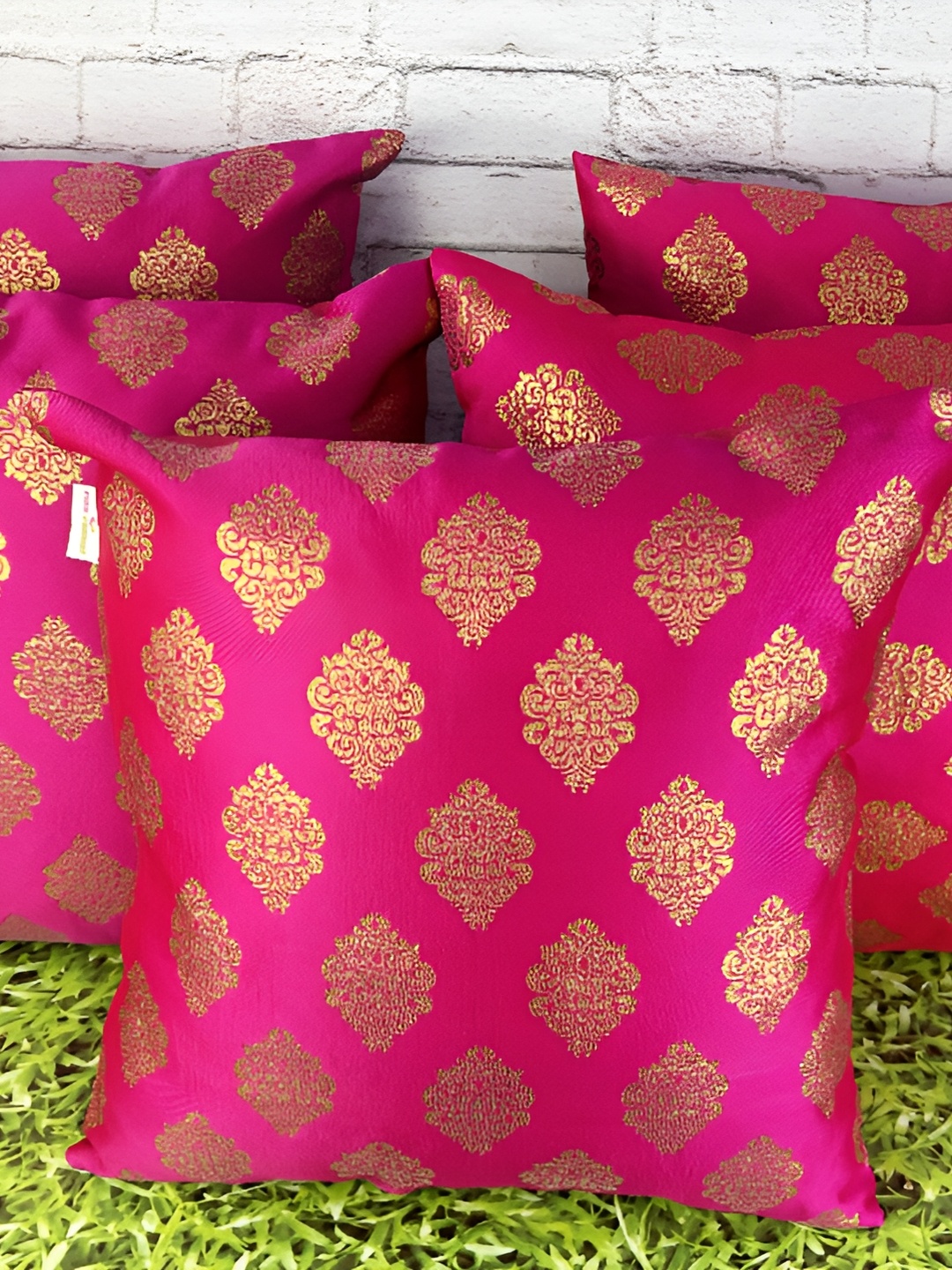 

Pink Parrot Pink & Gold-Toned Set of 5 Ethnic Motifs Square Cushion Covers