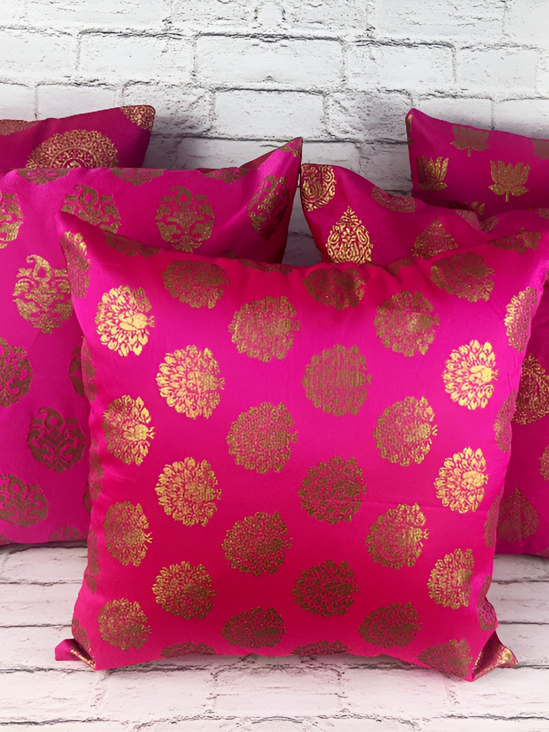 

Pink Parrot Pink & Gold-Toned Set of 5 Ethnic Motifs Square Cushion Covers