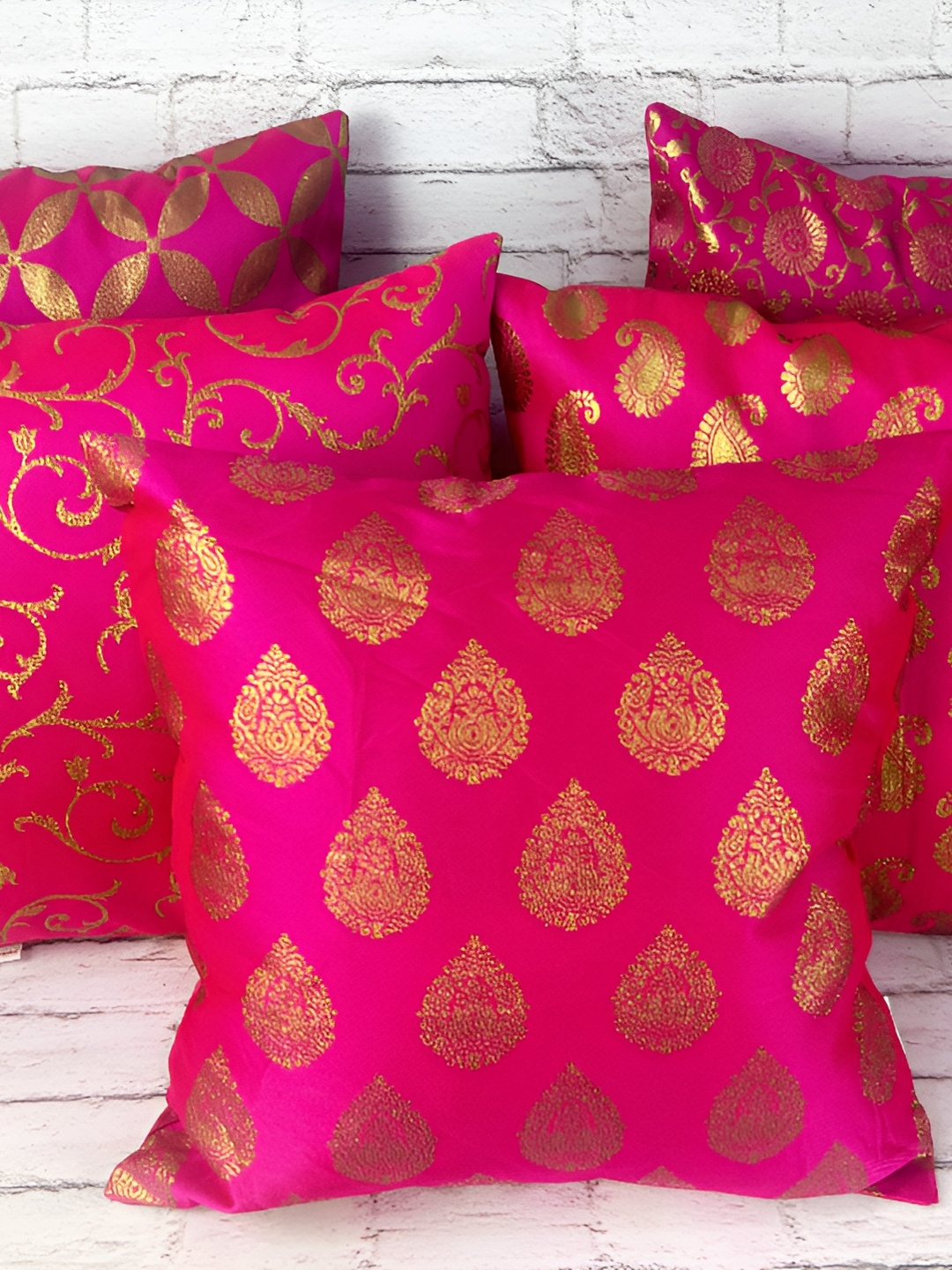 

Pink Parrot Pink & Gold-Toned Set of 5 Ethnic Motifs Square Cushion Covers