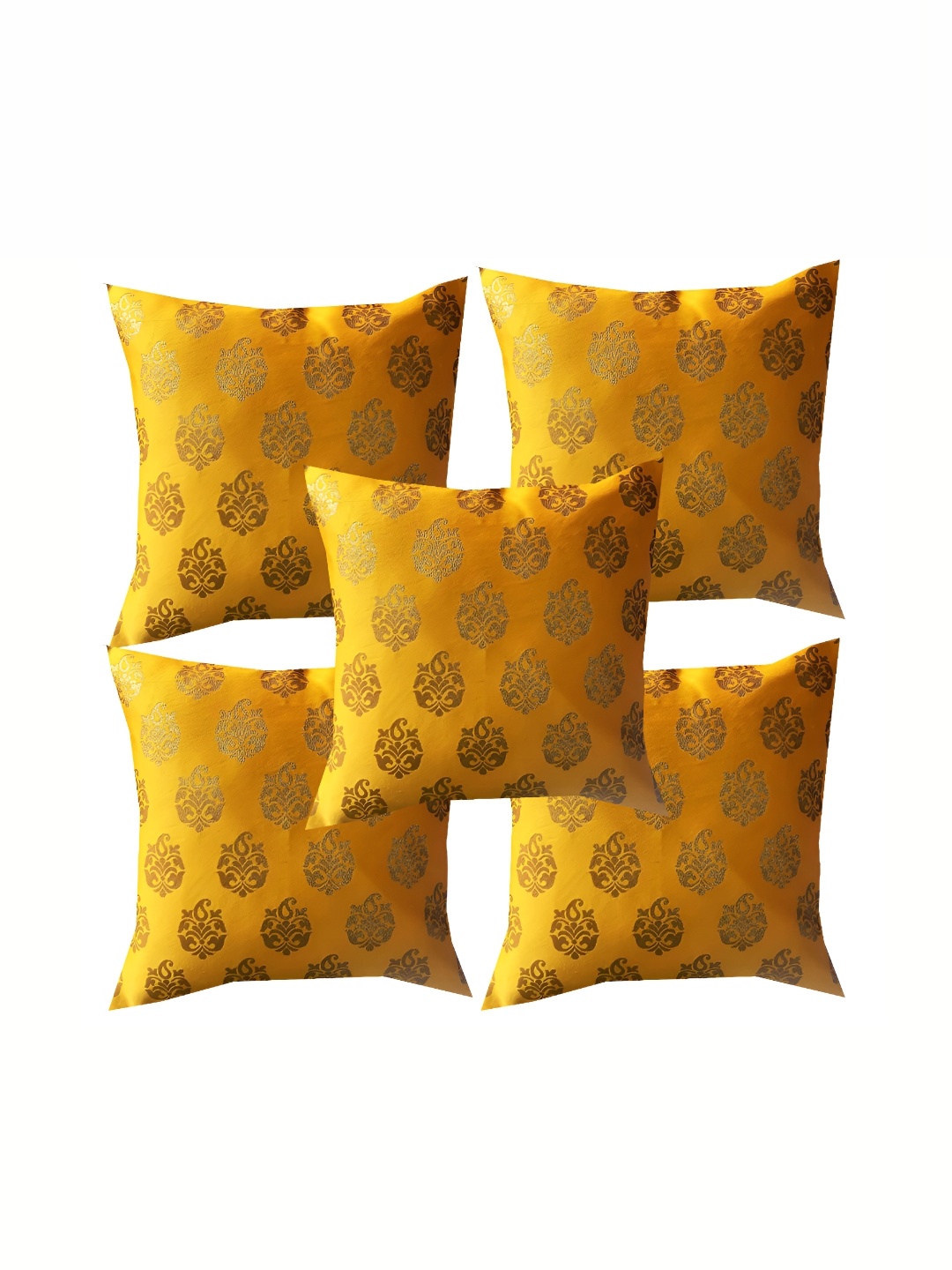 

Pink Parrot Yellow & Gold-Toned Set of 5 Ethnic Motifs Square Cushion Covers