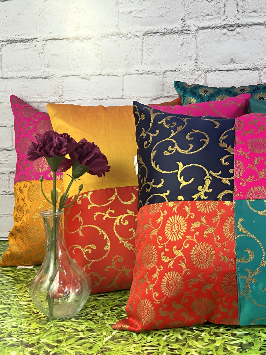 

Pink Parrot Navy Blue & Orange Set of 5 Ethnic Motifs Square Cushion Covers