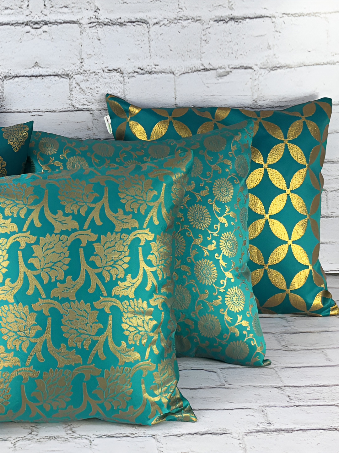 

Pink Parrot Green & Gold-Toned Set of 5 Ethnic Motifs Square Cushion Covers