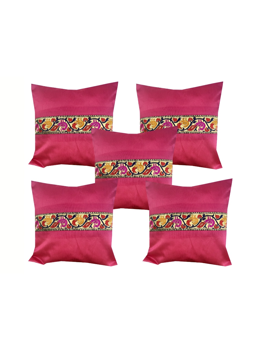 

Pink Parrot Pink & Yellow Set of 5 Ethnic Motifs Square Cushion Covers