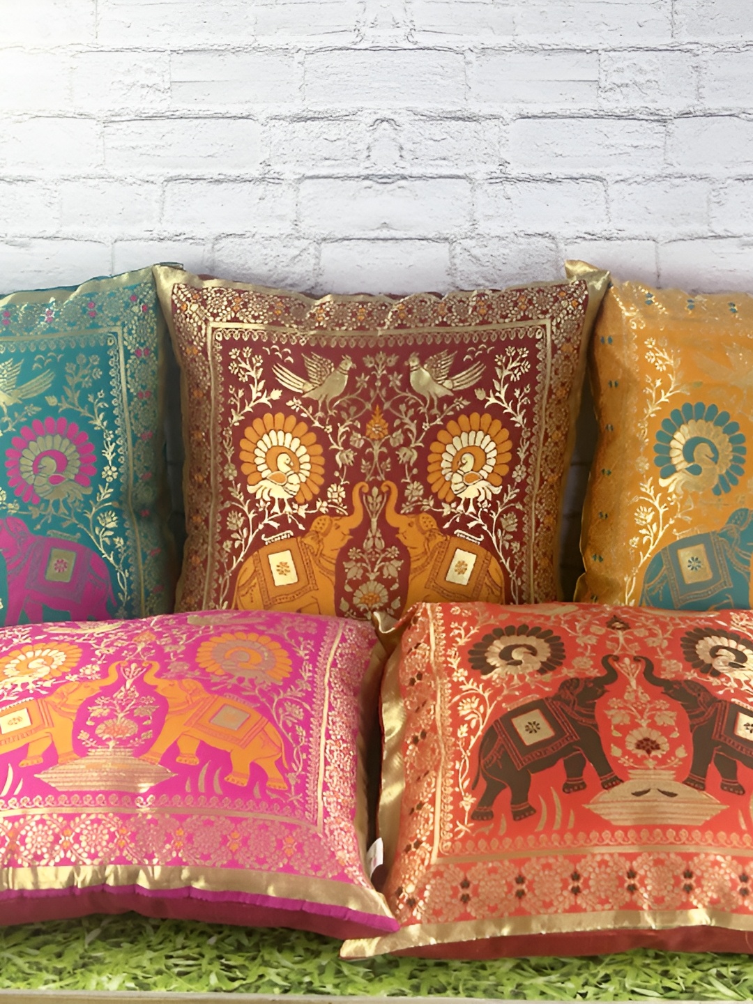 

Pink Parrot Pink & Green Set of 5 Ethnic Motifs Square Cushion Covers