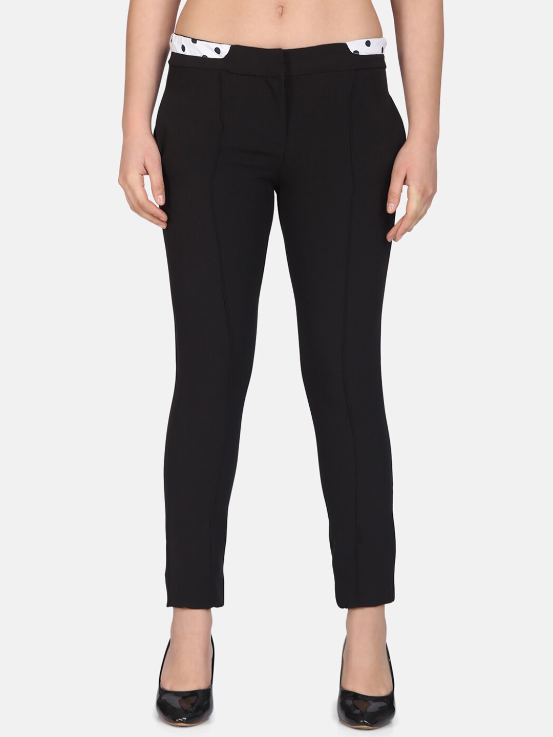 

DELAN Women Slim Fit Mid Rise Easy Wash Cotton Trousers, Black