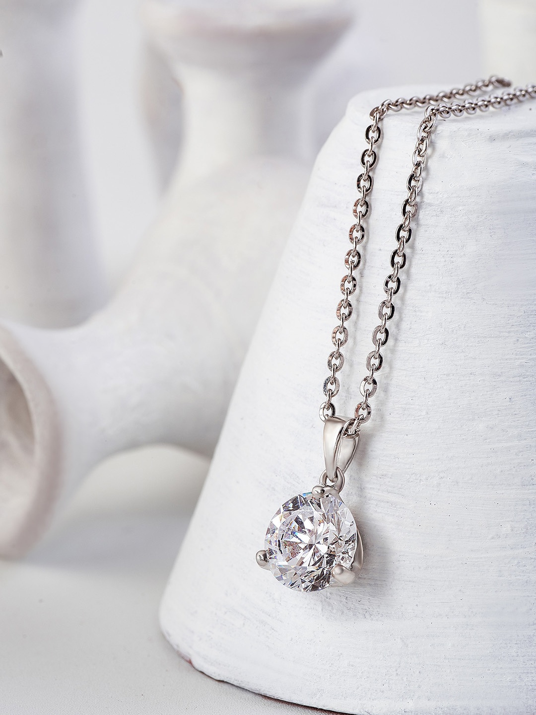 

SILBERRY 925 Sterling Silver Rhodium-Plated Cubic Zirconia Studded Pendant with Chain