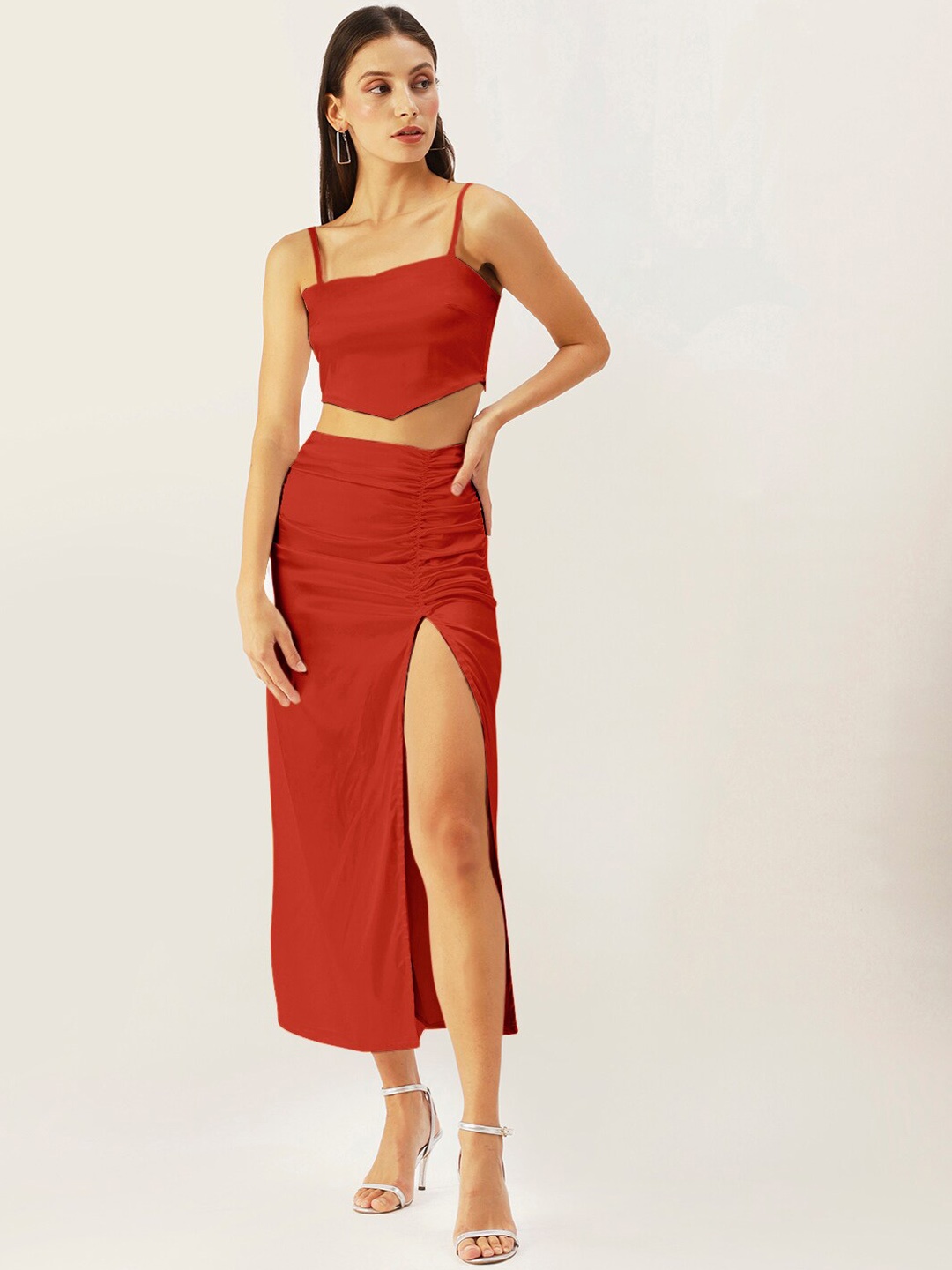 

DressBerry Shoulder Strap Top With Skirt Co-Ords, Red