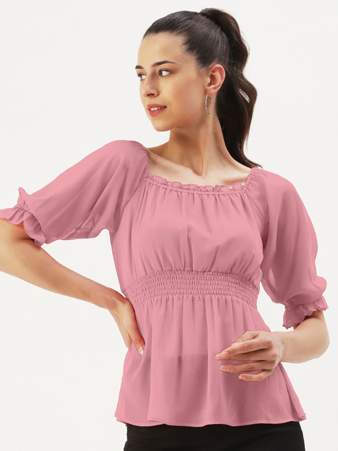 

DressBerry Puff Sleeve Georgette Cinched Waist Top, Pink
