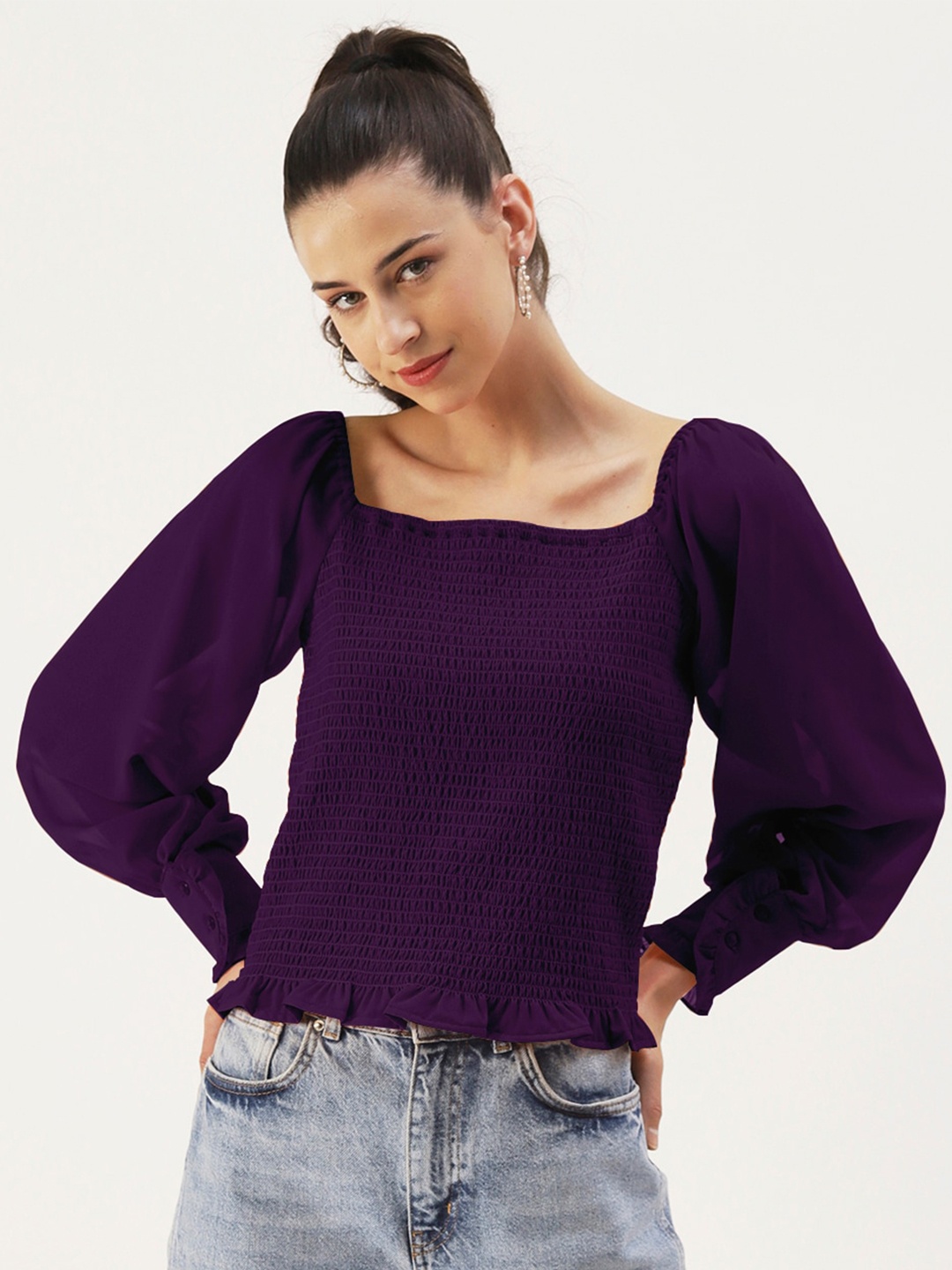 

DressBerry Purple Square Neck Long Cuffed Sleeves Regular Top