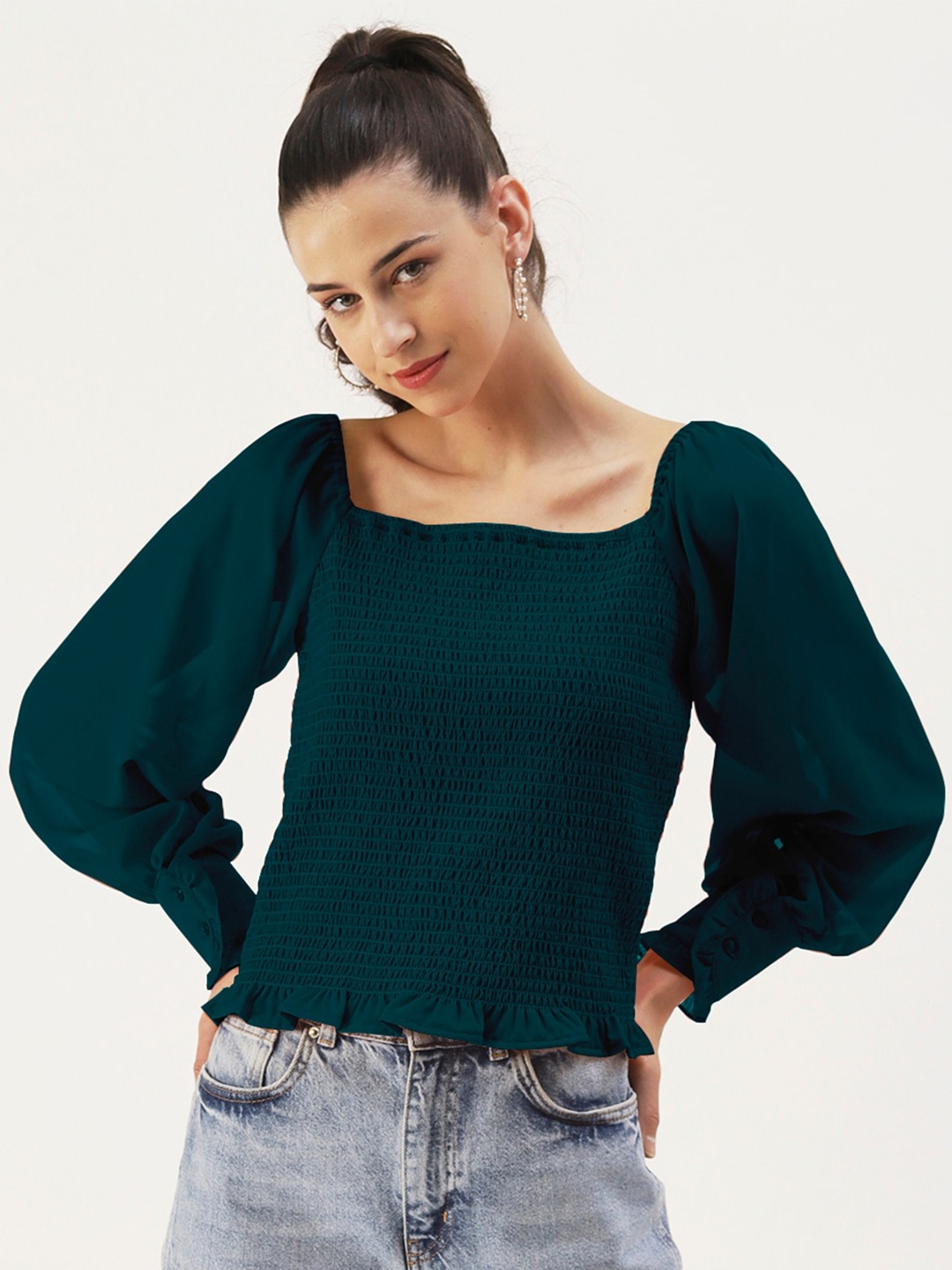 

DressBerry Teal Square Neck Long Cuffed Sleeves Regular Top