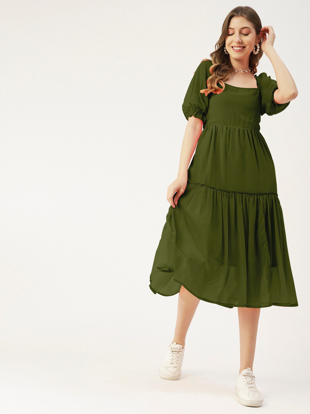 

Moomaya Square Neck Puff Sleeve Georgette Tiered A-Line Dress, Olive