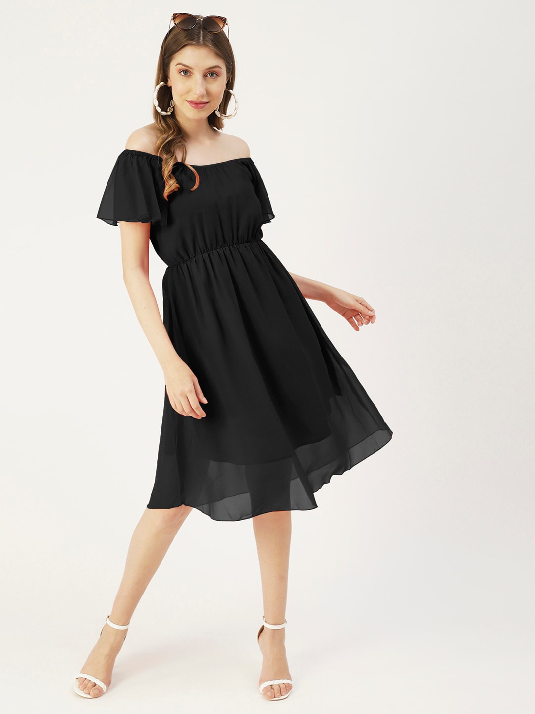 

Moomaya Off-Shoulder Flared Sleeves Georgette Fit & Flare Dress, Black