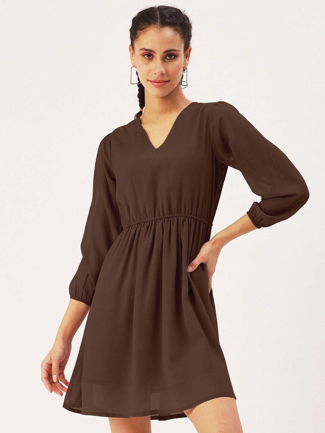 

DressBerry Brown Puff Sleeve Georgette Fit & Flare Dress