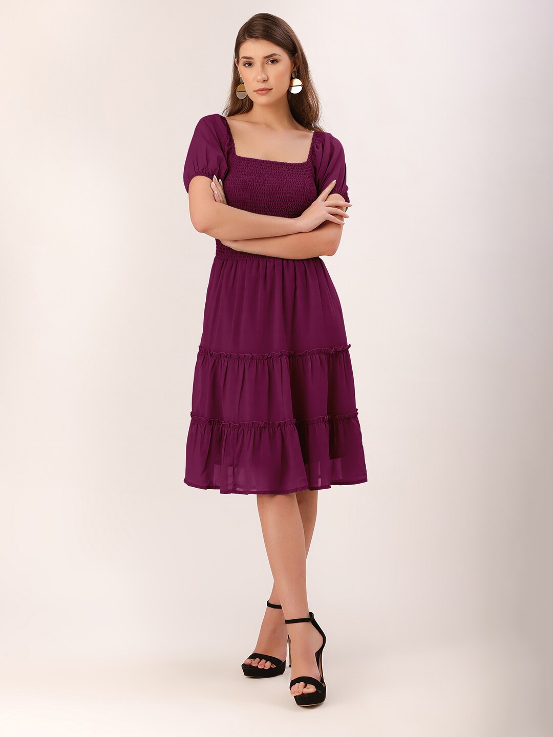 

DressBerry Magenta Cuffed Sleeves Smocked Tiered Georgette Fit & Flare Dress