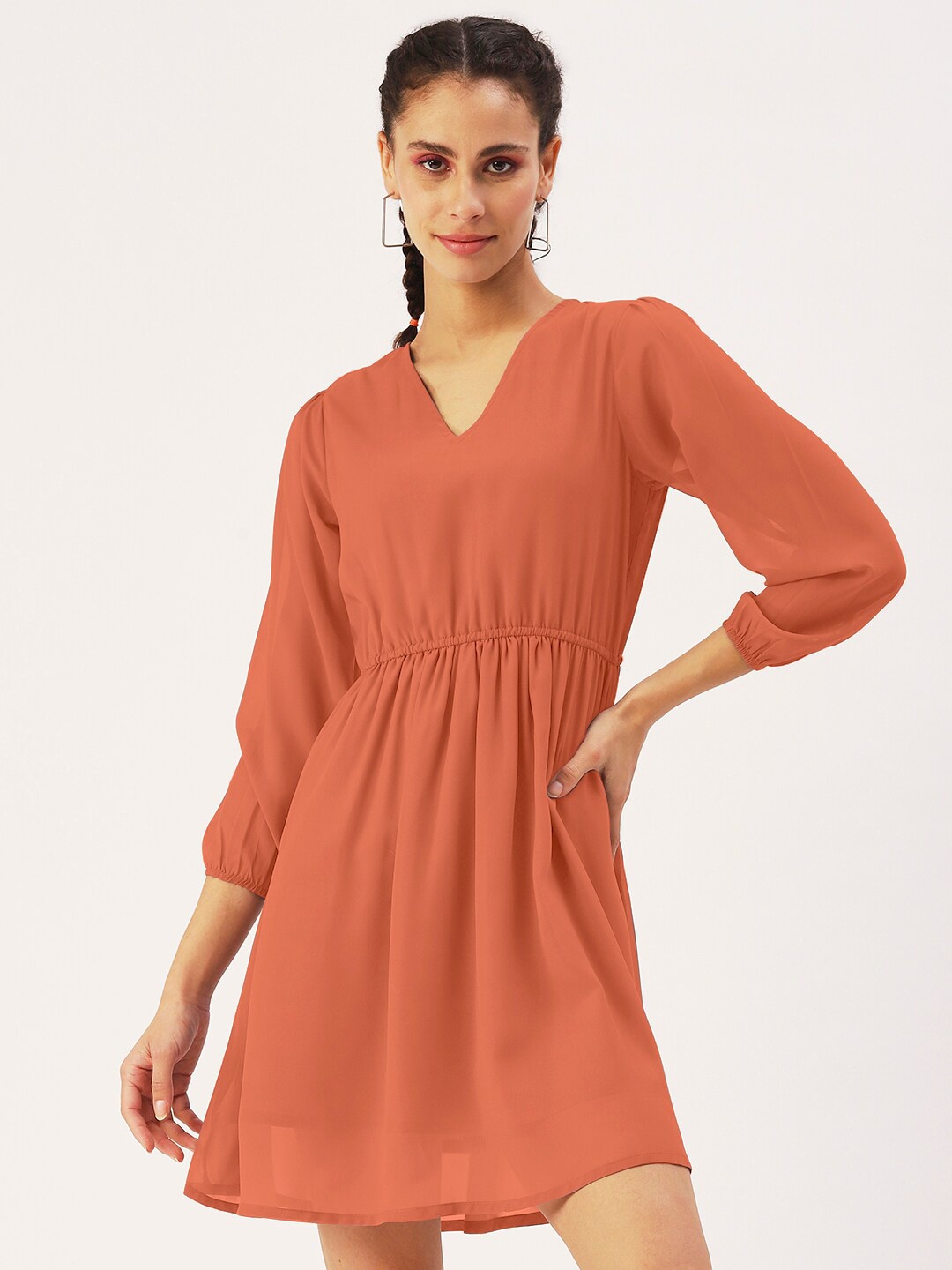 

DressBerry Orange V-Neck Cuffed Sleeves Gathered Georgette A-Line Dress