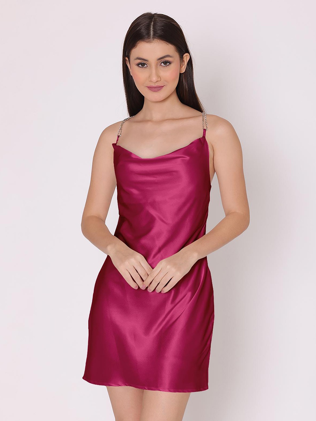 

DressBerry Pink Cowl Neck Satin Sheath Mini Dress