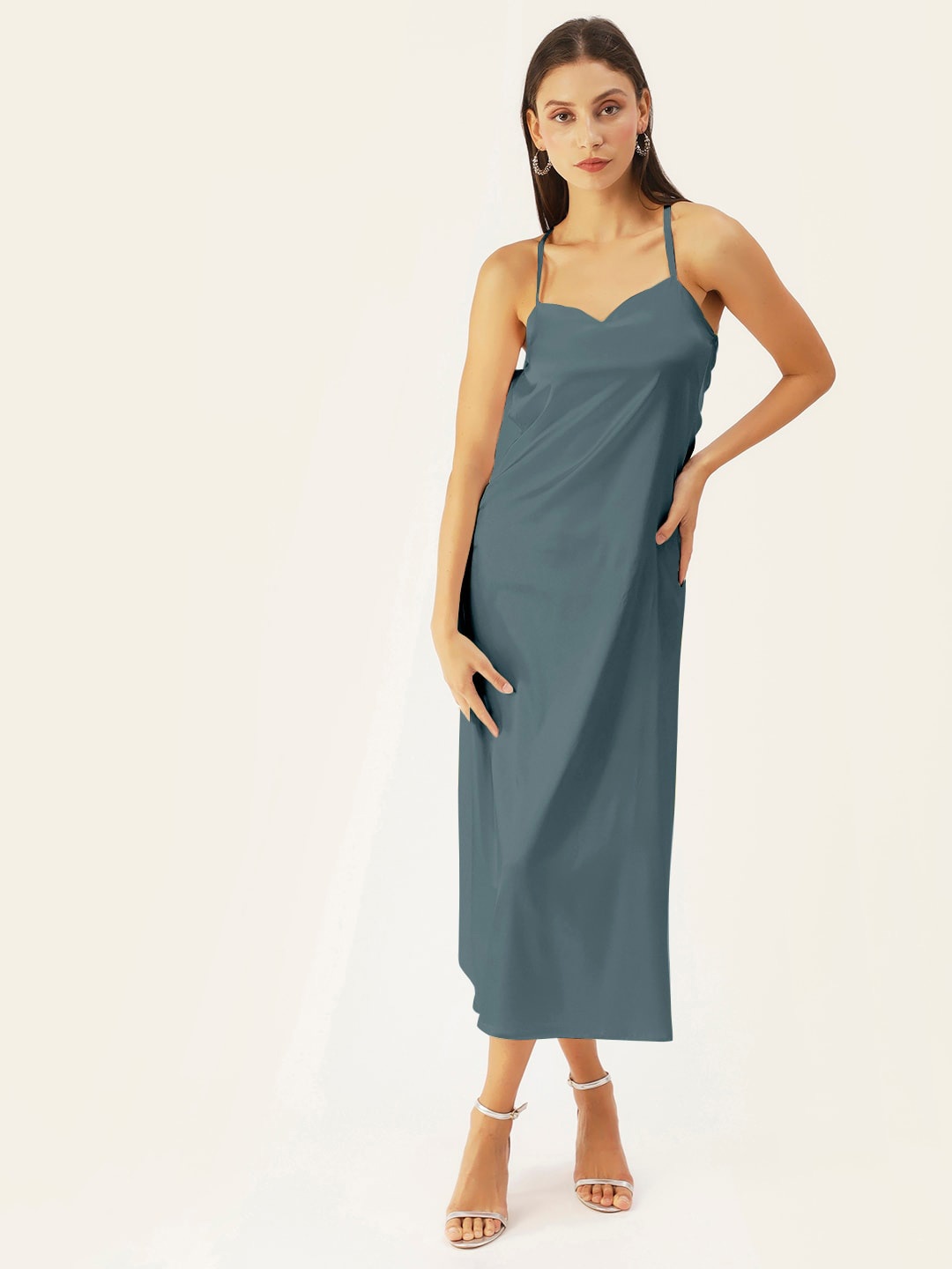 

DressBerry Grey Shoulder Straps Satin A-Line Midi Dress