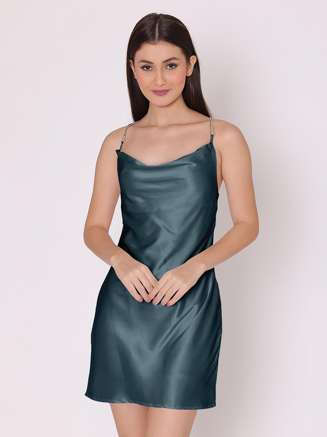 

DressBerry Grey Cowl Neck Satin Sheath Mini Dress