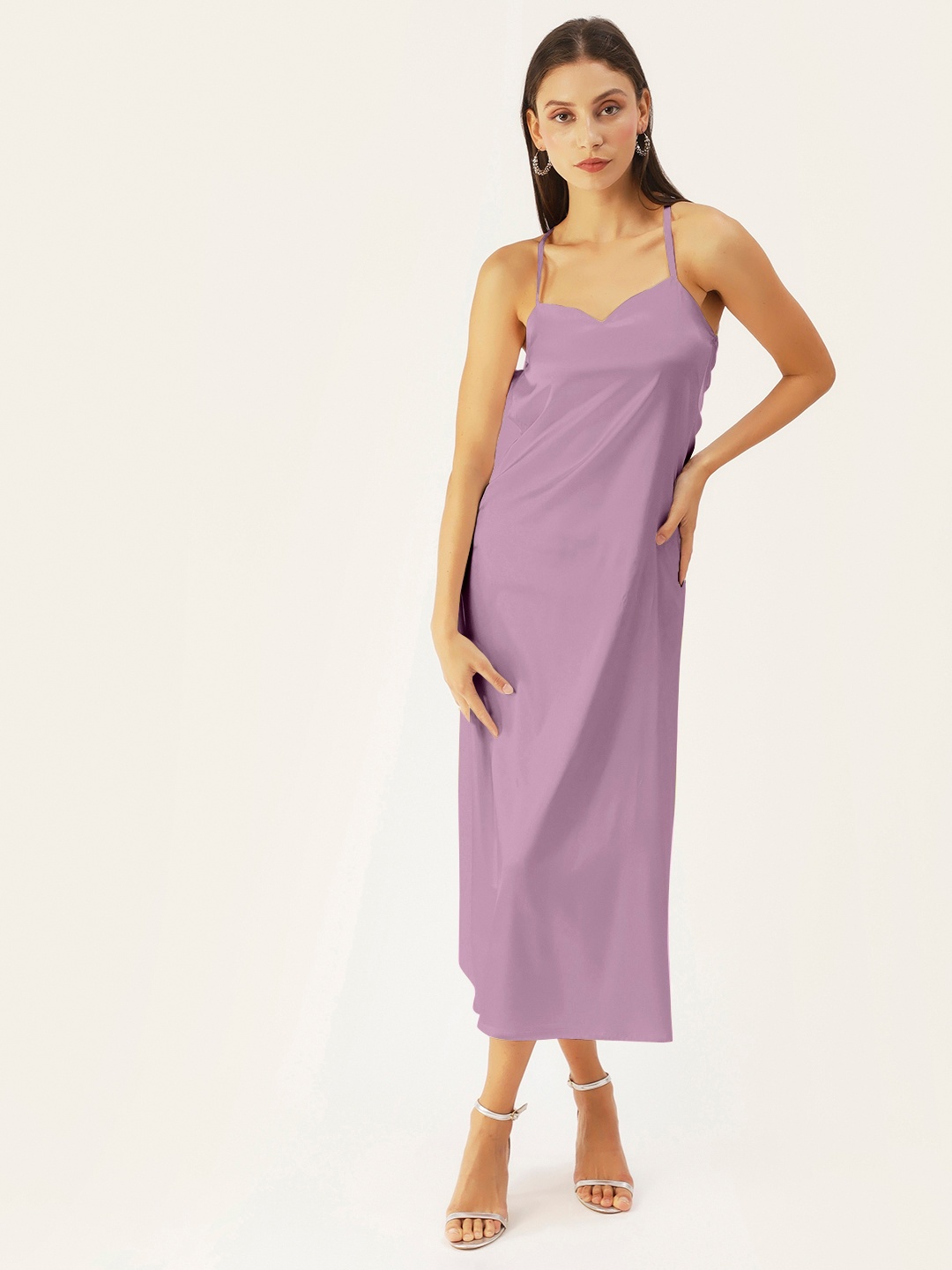 

DressBerry Lavender Shoulder Straps Sleeveless Lycra Satin Maxi Dress