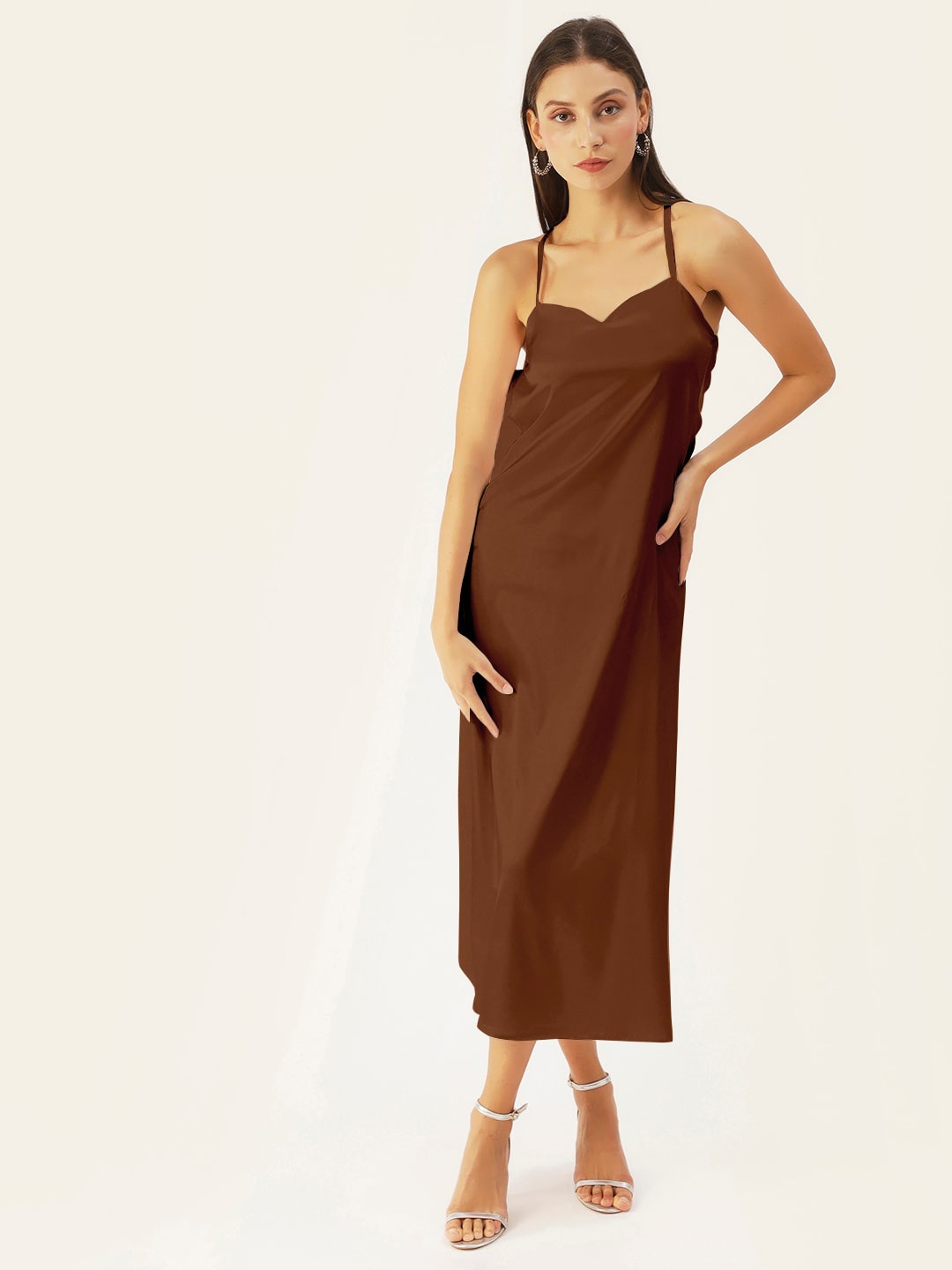 

DressBerry Brown Shoulder Straps Tie-Ups Satin Midi Maxi Dress