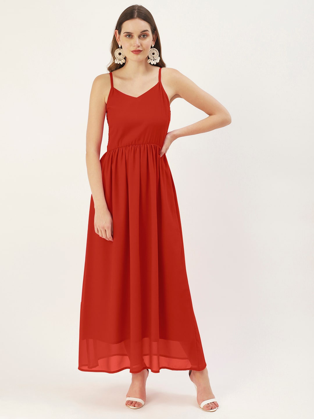 

DressBerry Red Shoulder Straps Gathered Smocked Georgette Maxi A-Line Dress