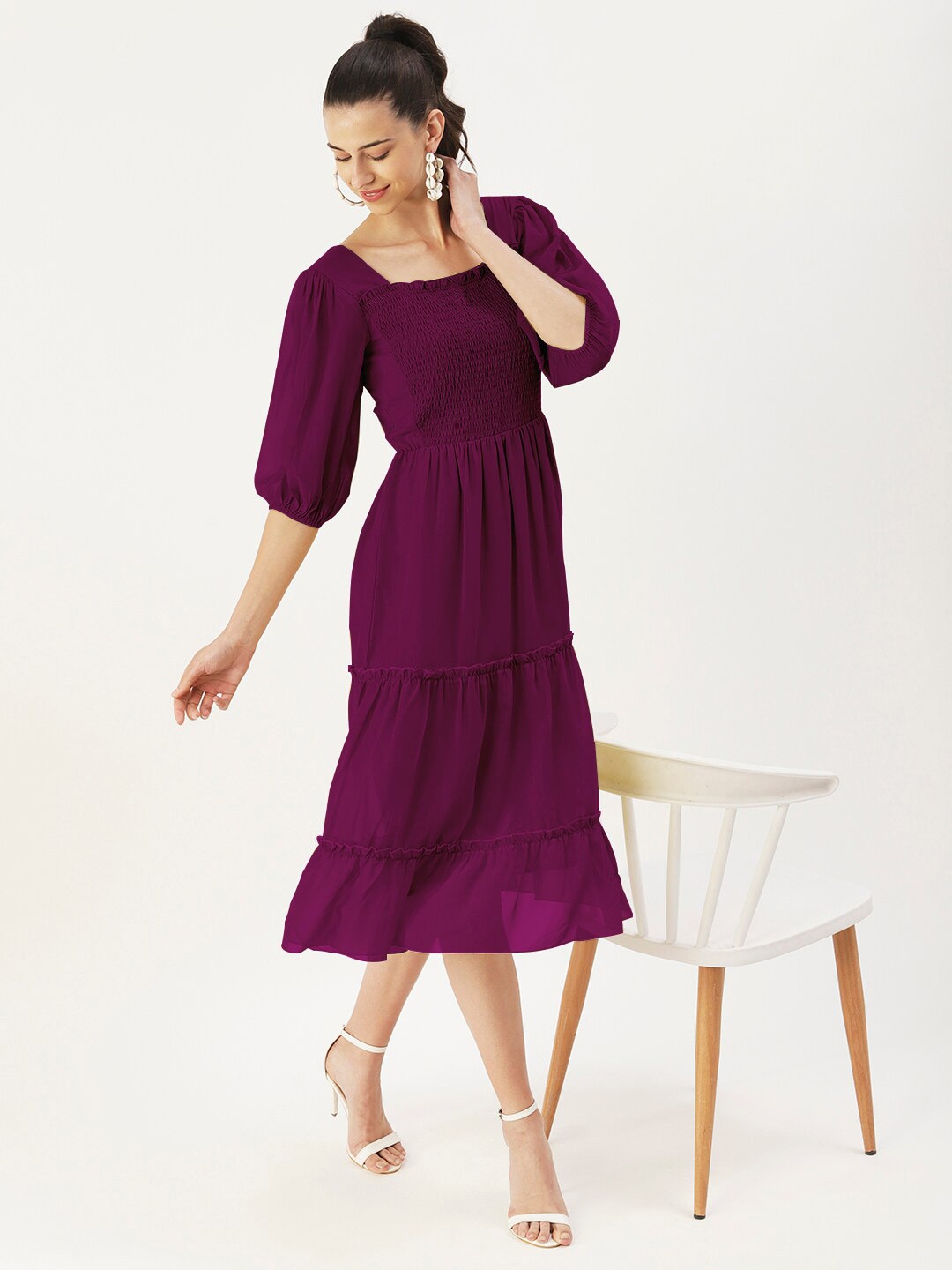 

DressBerry Magenta Puff Sleeves Smocked Georgette A-Line Midi Dress