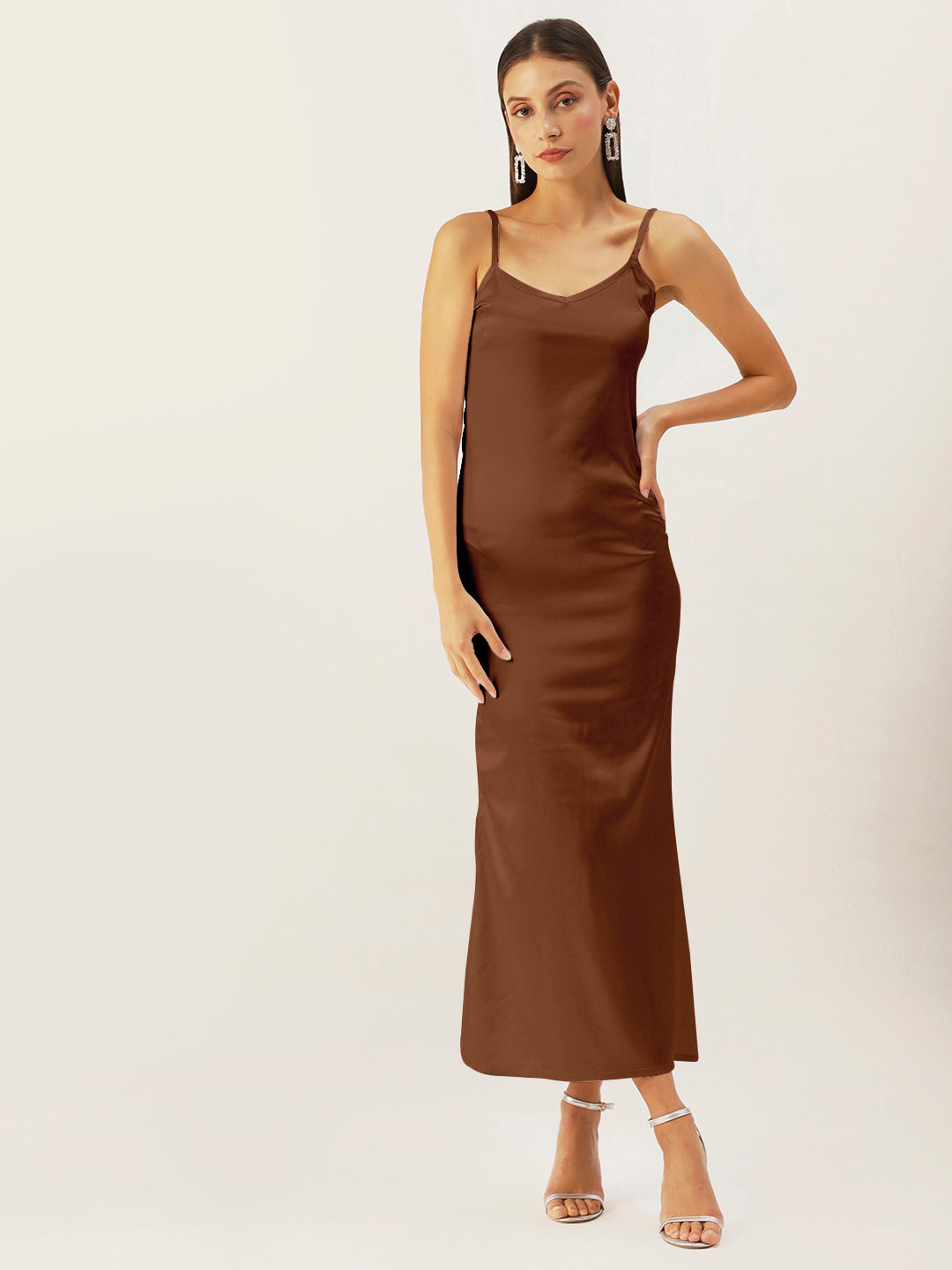 

DressBerry Brown Satin Shoulder Straps Sleeveless Satin Opaque Maxi Casual Dress