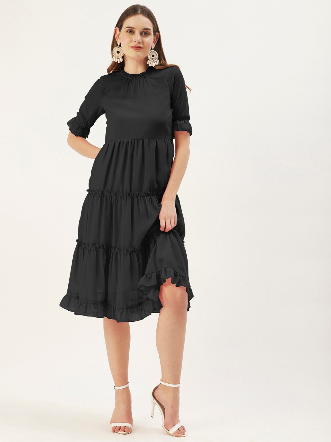 

DressBerry Black High Neck Smocked Georgette A-Line Midi Dress