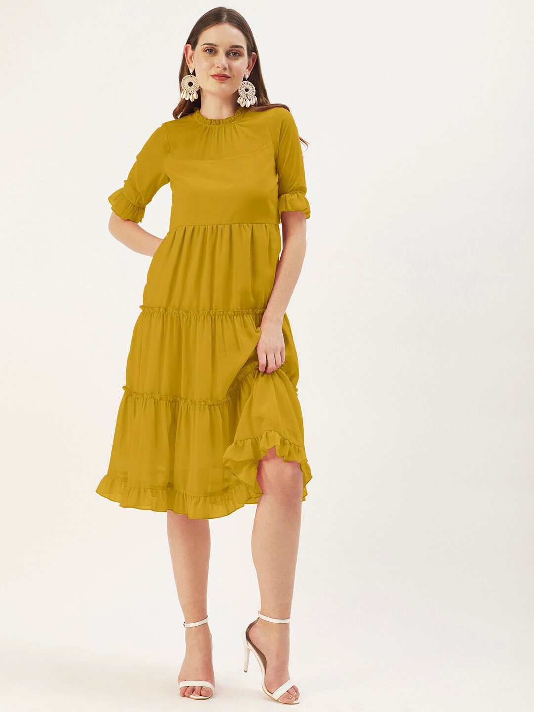 

DressBerry Mustard Yellow Puff Sleeve Fit & Flare Midi Dress