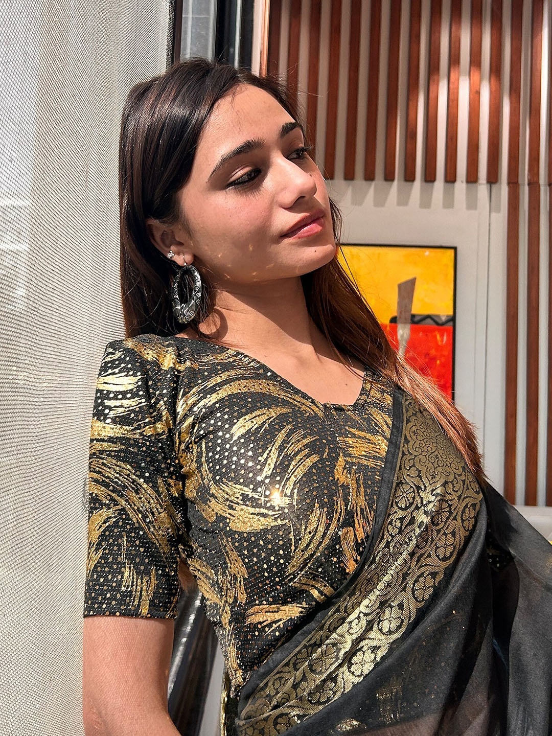 

Bindigasm's Advi Embellished Stretchable Slip-On Saree Blouse, Gold