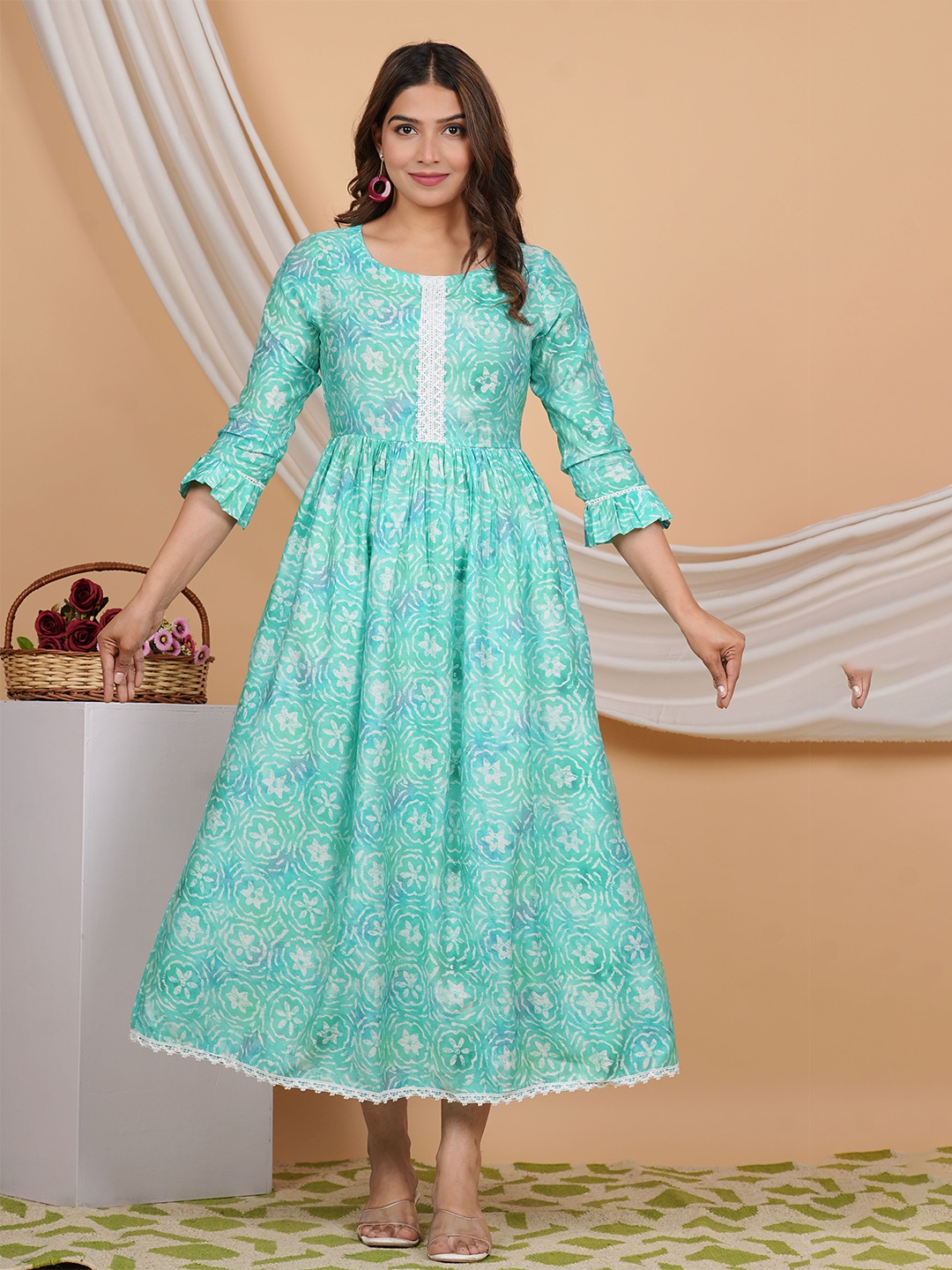 

ZOYOTO Floral Print Bell Sleeve Silk A-Line Midi Dress, Turquoise blue