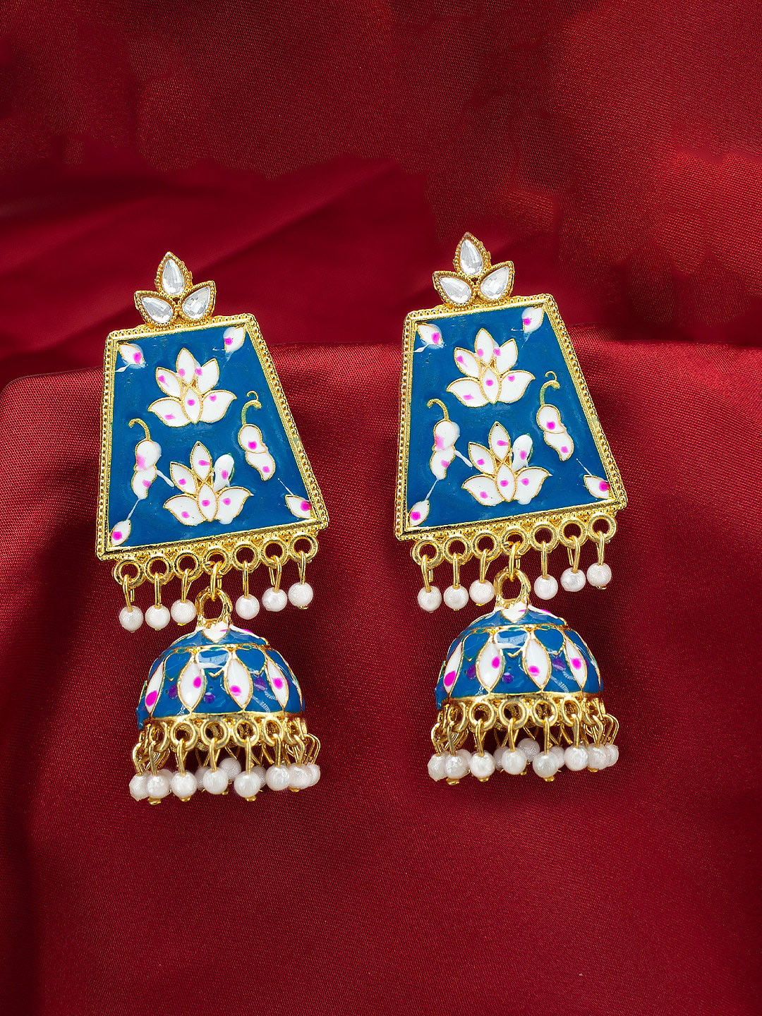 

PRIVIU Gold-Plated Artificial Stones Studded Dome Shaped Jhumkas Earrings, Blue