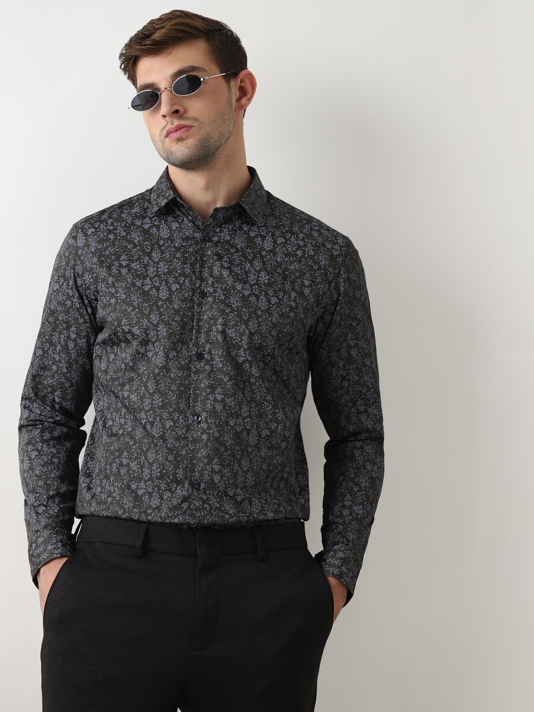 

SELECTED Slim Fit Opaque Floral Printed Cotton Formal Shirt, Black