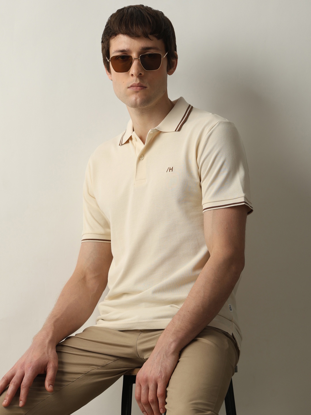 

SELECTED Polo Collar Cotton Slim Fit T-shirt, Beige