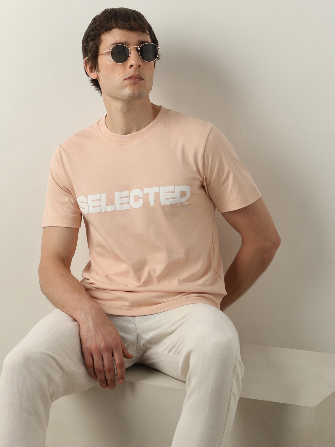 

SELECTED Typography Printed Round Neck Cotton Slim Fit T-shirt, Pink