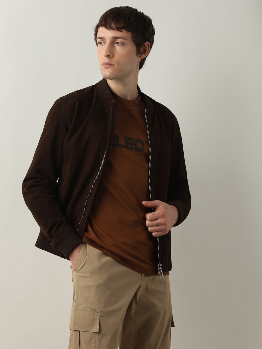 

SELECTED Round Neck Short Sleeves Typographic Printed Cotton Slim Fit T-shirt, Brown