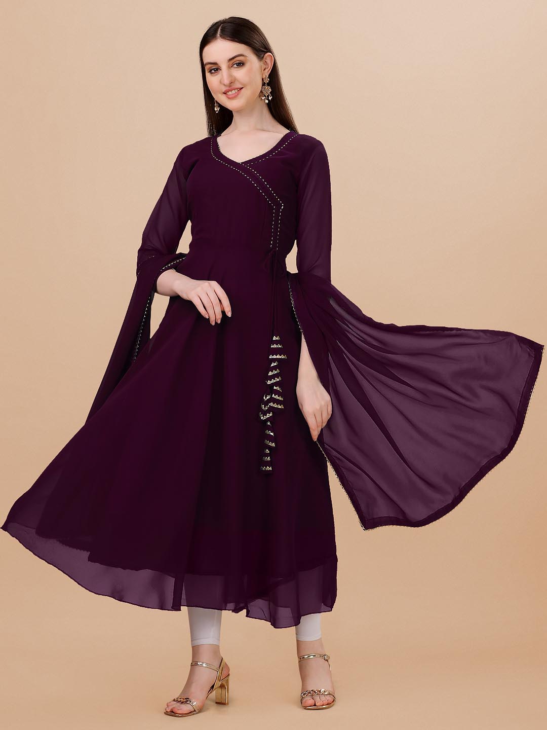 

Shree Ramkrishna Fab V-Neck Gotta Patti Georgette Anarkali Angrakha Kurta, Purple