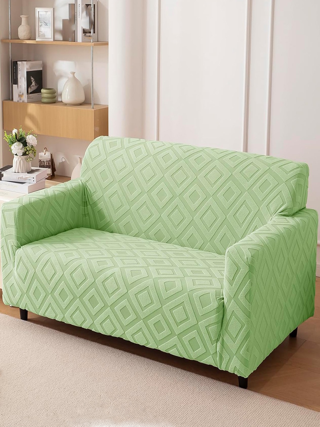 

HOUSE OF QUIRK Jacquard Fabric 2 Seater 220 GSM Texture Sofa Cover, Green