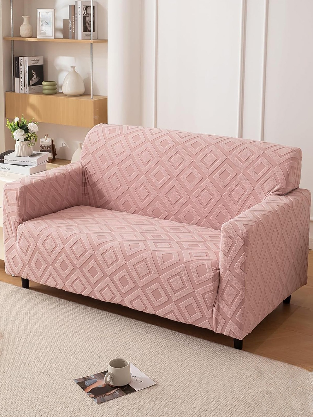 

HOUSE OF QUIRK Jacquard Fabric 4 Seater 220 GSM Textured Sofa Cover, Pink