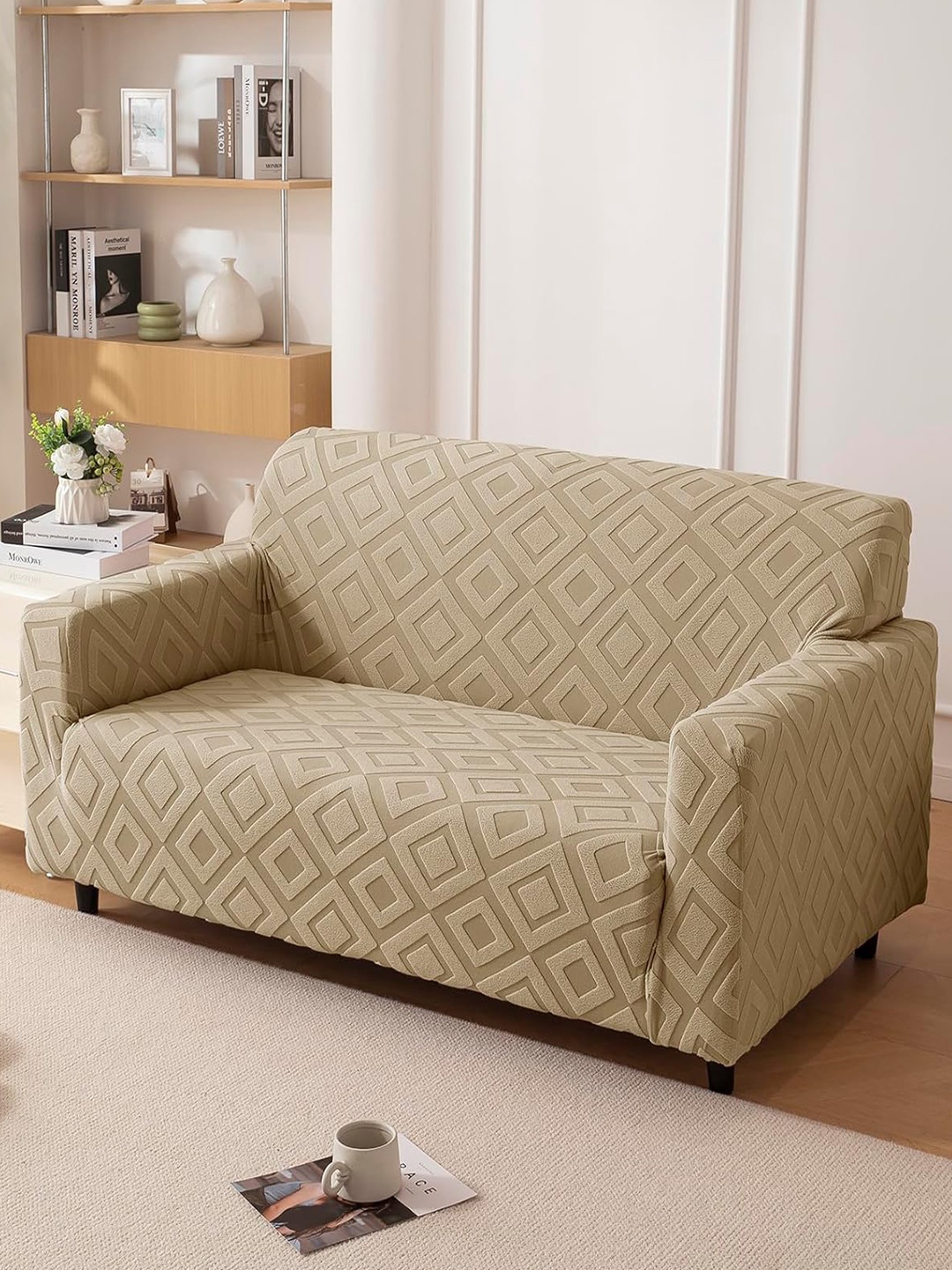 

HOUSE OF QUIRK Jacquard Fabric 2 Seater 220 GSM Textured Sofa Cover, Camel brown