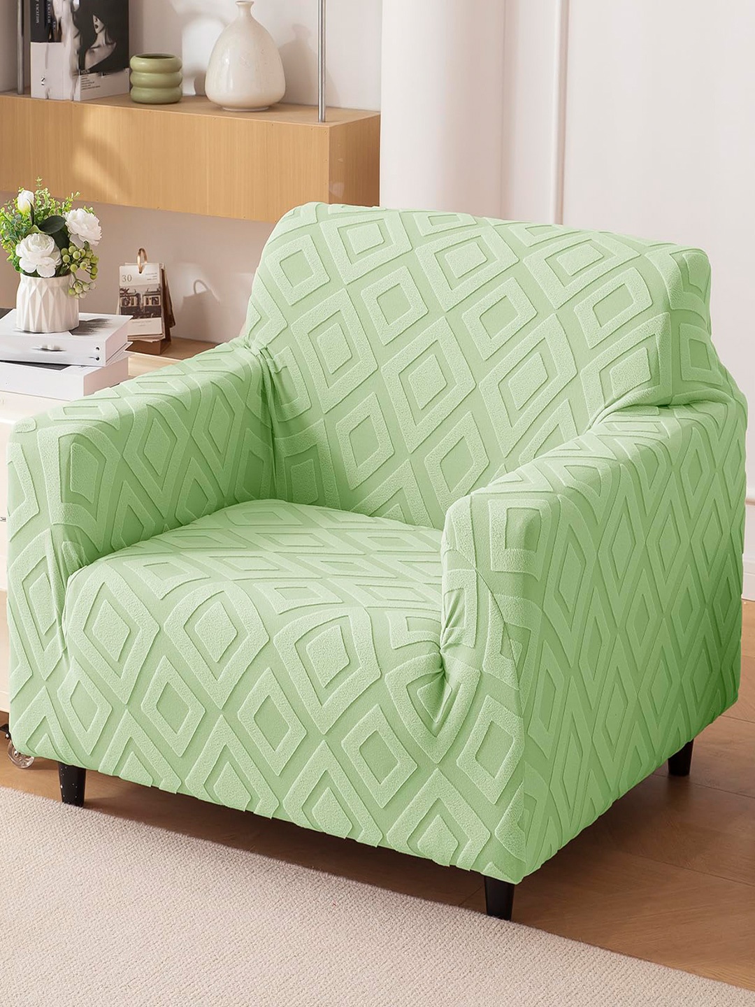 

HOUSE OF QUIRK Jacquard Fabric Single Seater 220 GSM Textured Sofa Cover, Green