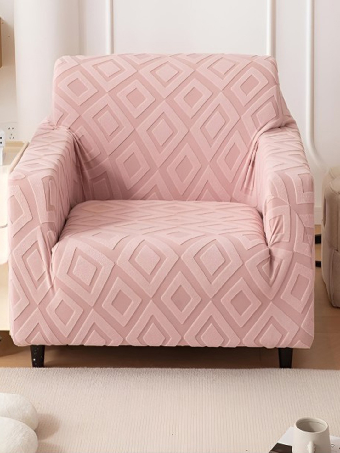 

HOUSE OF QUIRK Jacquard Fabric Single Seater 220 GSM Textured Sofa Cover, Pink