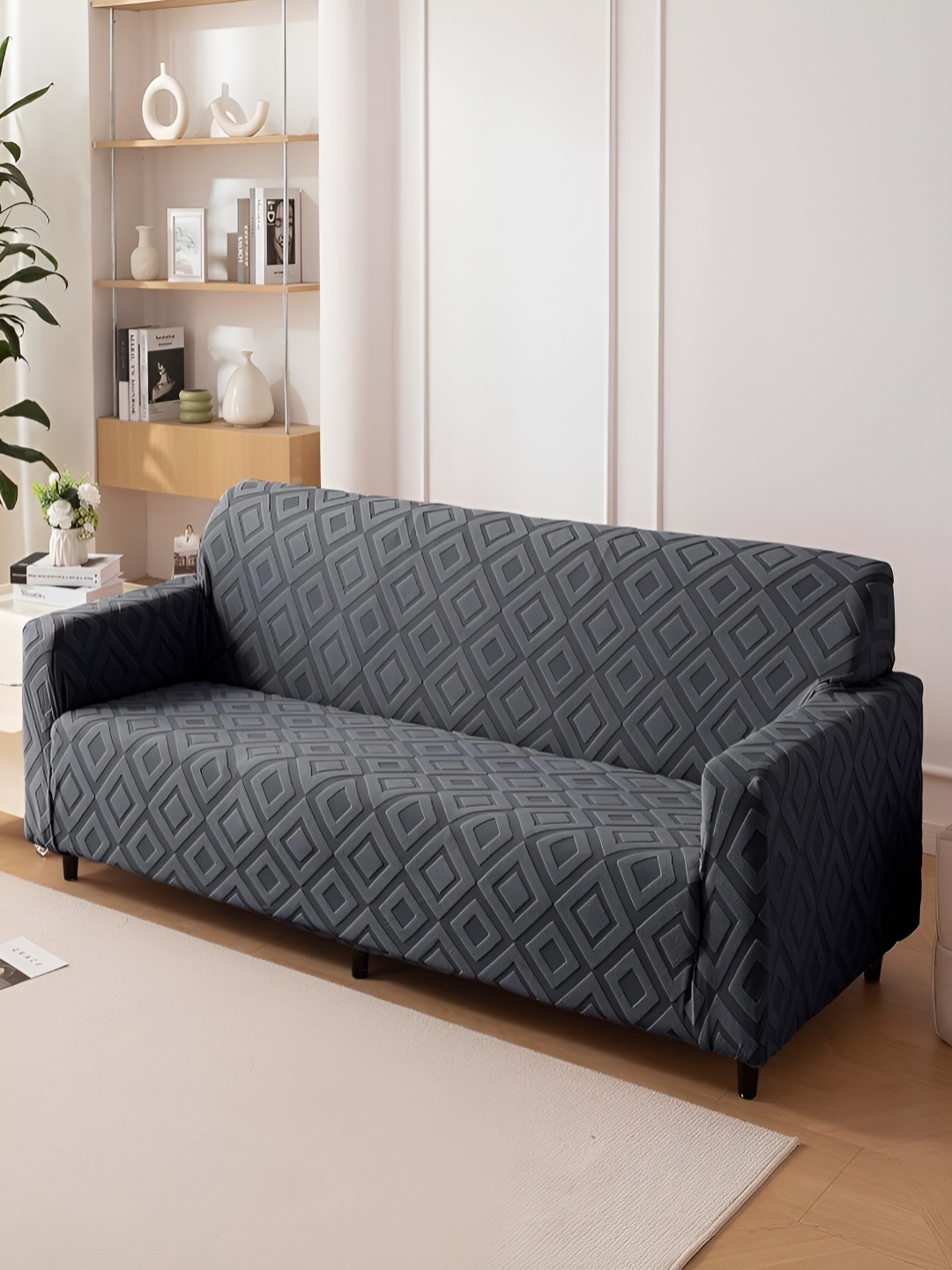 

HOUSE OF QUIRK Jacquard Fabric 4 Seater 220 GSM Textured Sofa Cover, Charcoal