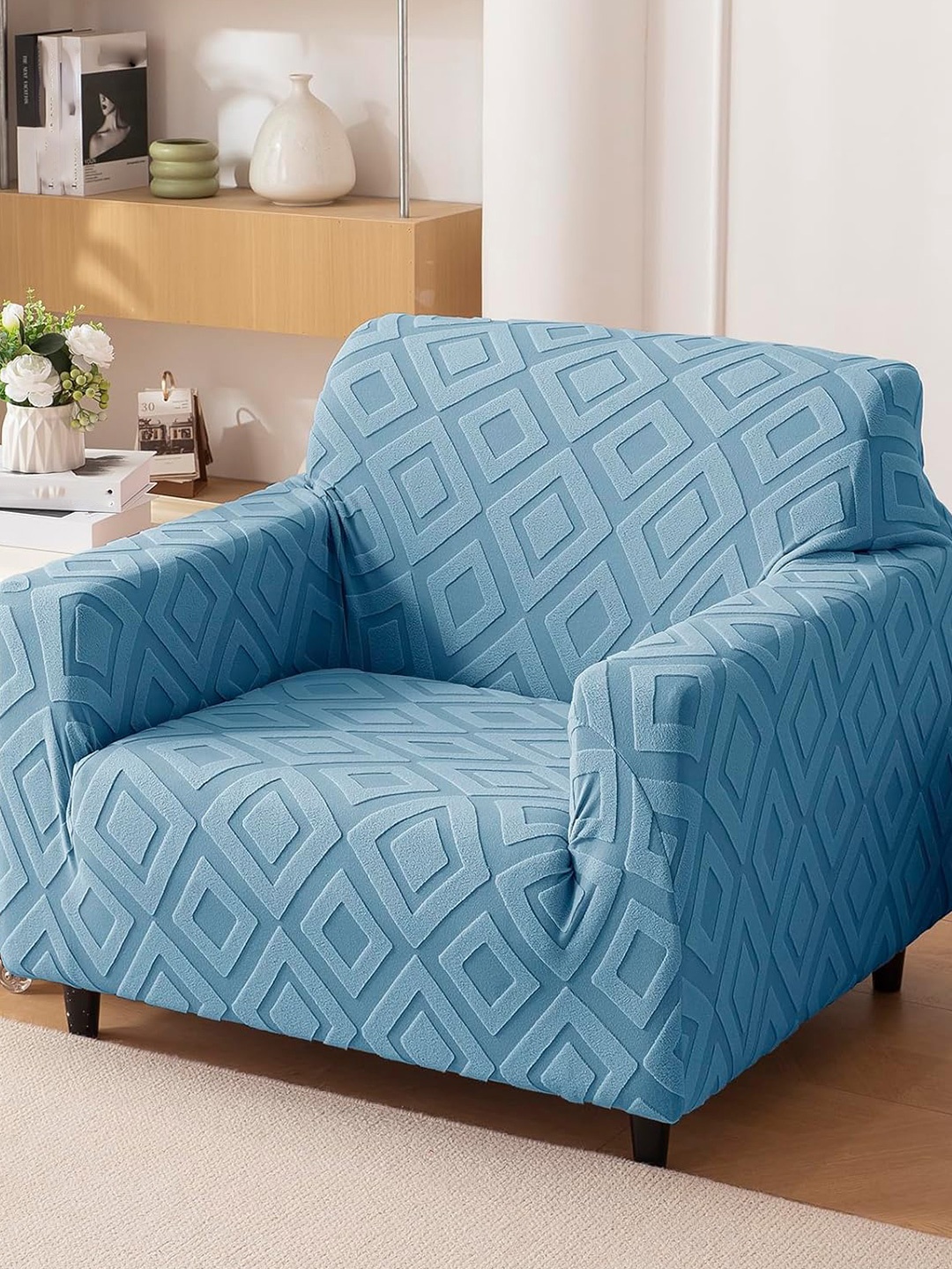 

HOUSE OF QUIRK Jacquard Fabric Single Seater 220 GSM Textured Sofa Cover, Blue