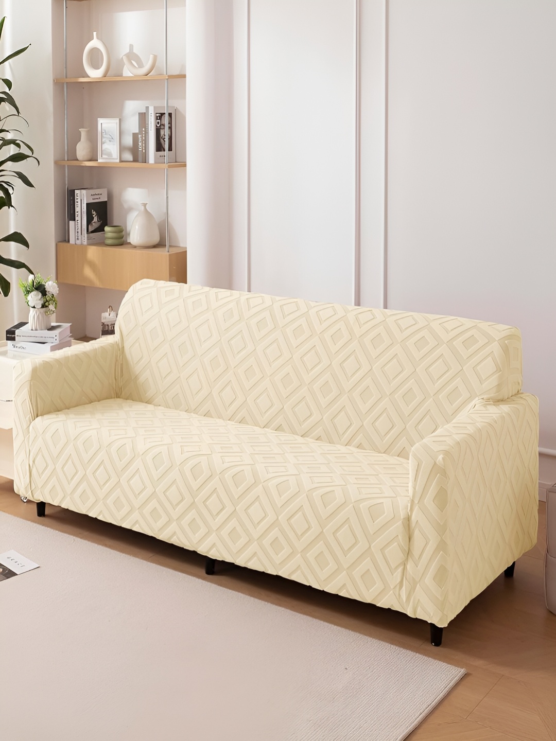 

HOUSE OF QUIRK Jacquard Fabric 4 Seater 220 GSM Textured Sofa Cover, Beige