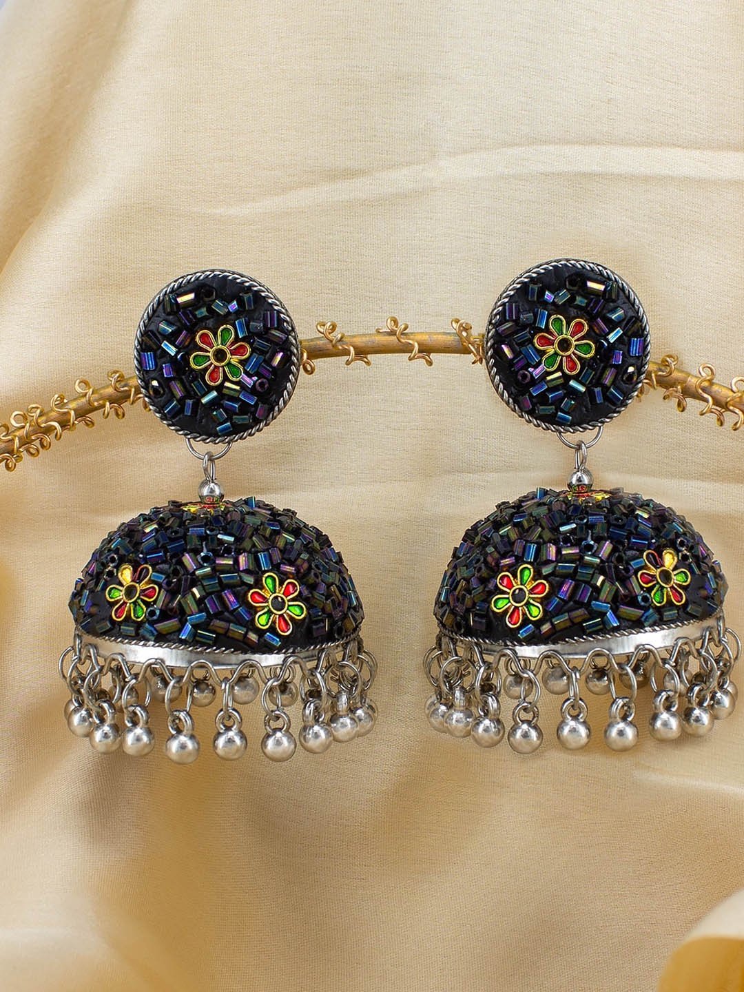 

PRIVIU Artificial Beads Beaded Dome Shaped Jhumkas Earrings, Black