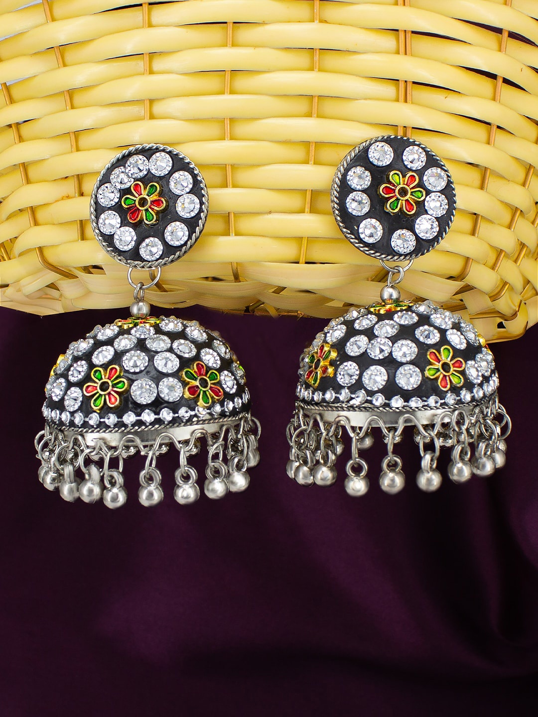 

PRIVIU Artificial Beads Beaded Dome Shaped Jhumkas Earrings, Silver