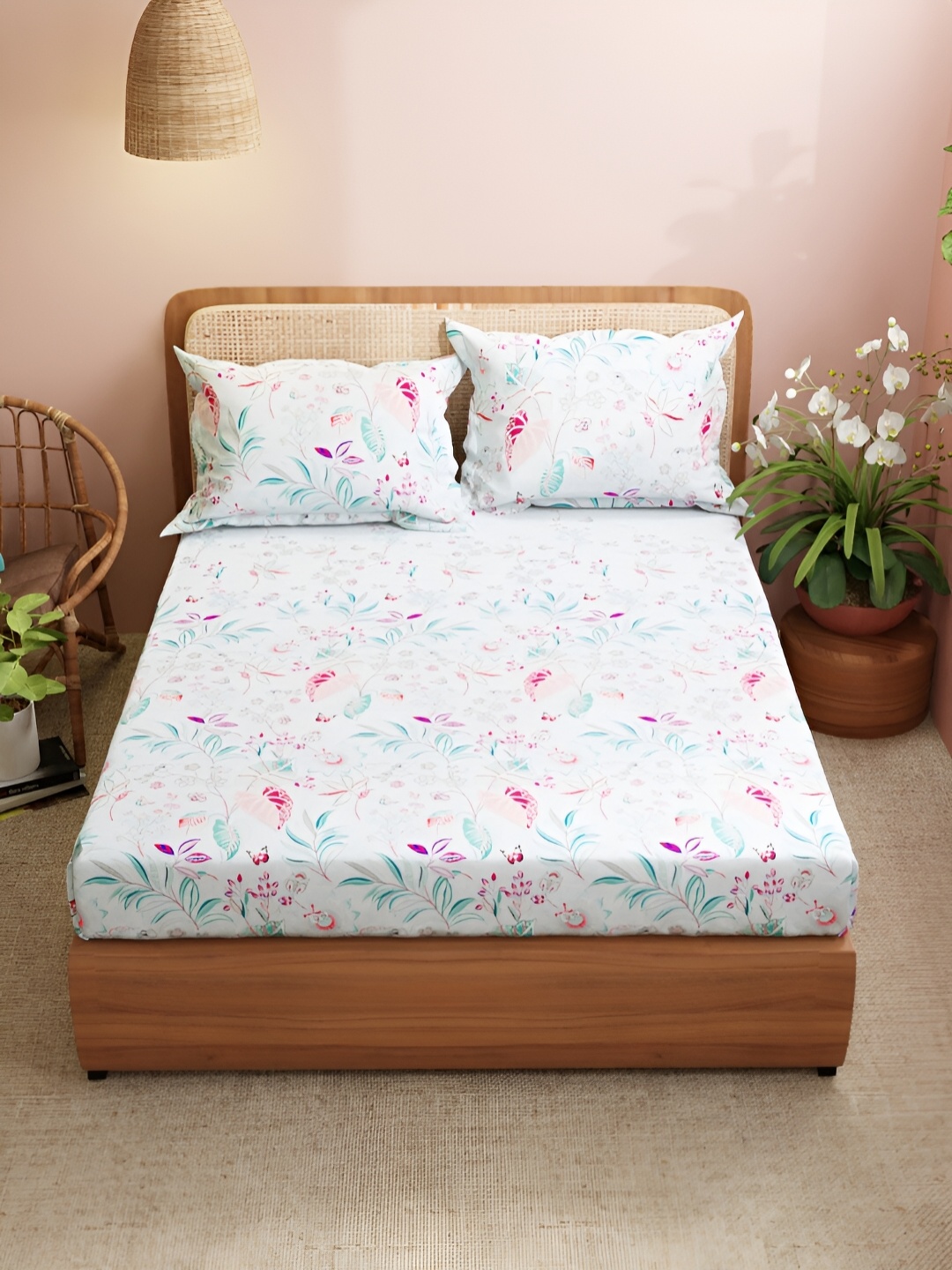 

BIANCA Pink & White Floral 210 TC King Bedsheet with 2 Pillow Covers